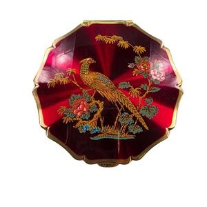 Vintage Stratton England Convertible Red Enamel Bird Floral‎ Compact